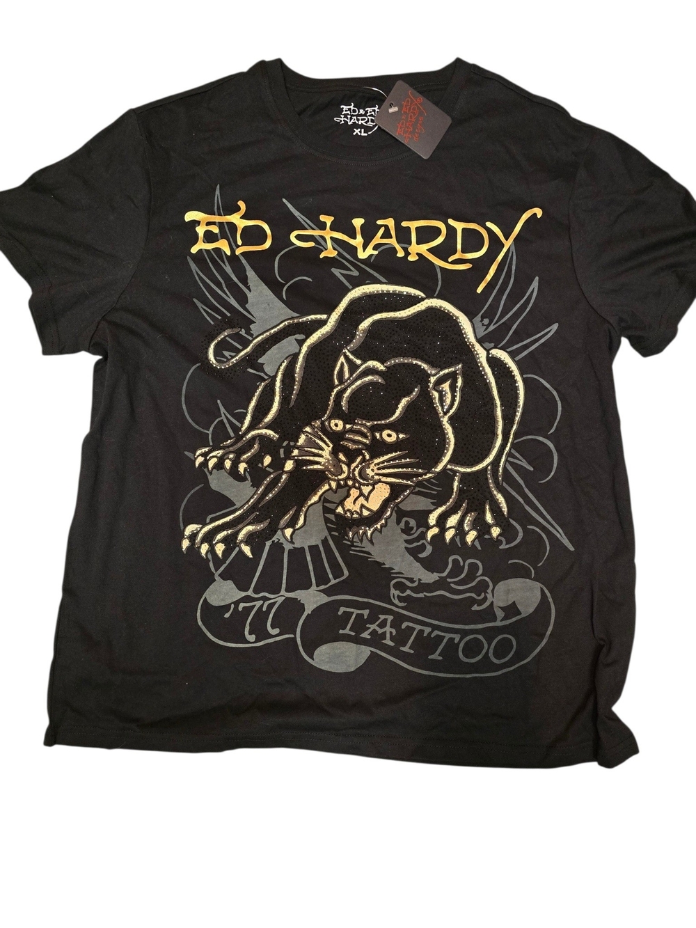 Ed Hardy Black Tee with Gold and Gray Panther Graphic